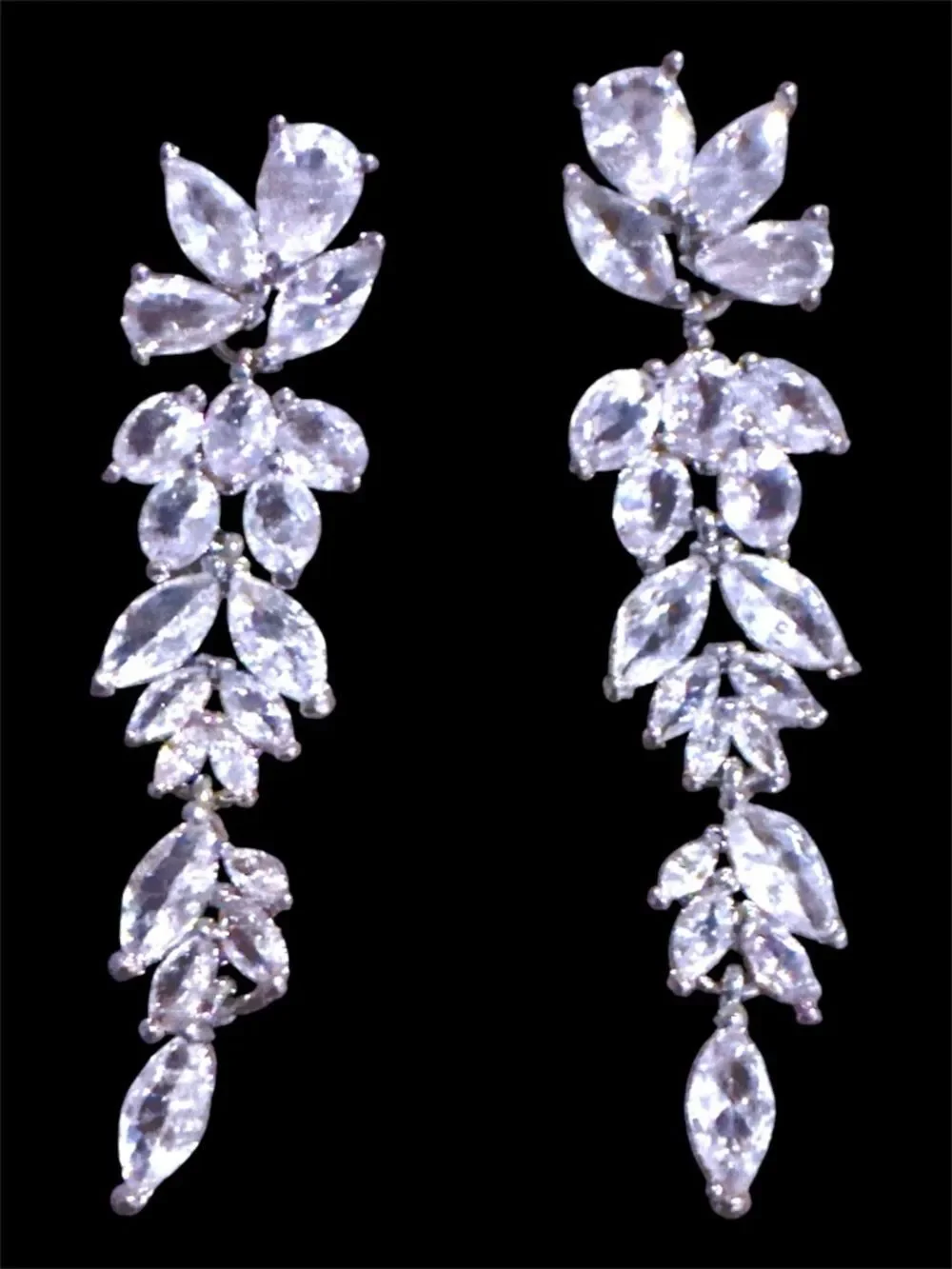 Elegant Silver Crystal Leaf Drop Earrings - Diamond Crystal Accents.